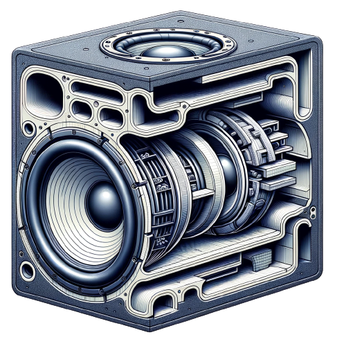 DALL E 2023 10 28 11.14.17 Illustration of a detailed cross sectional view of a bandpass subwoofer enclosure showing the two distinct chambers with the subwoofer situated betwe removebg preview