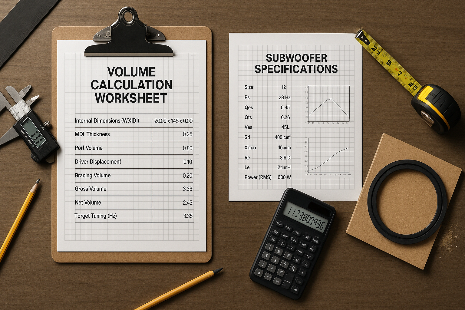 Volume and subwoofer calculation worksheet showing acoustic calculations