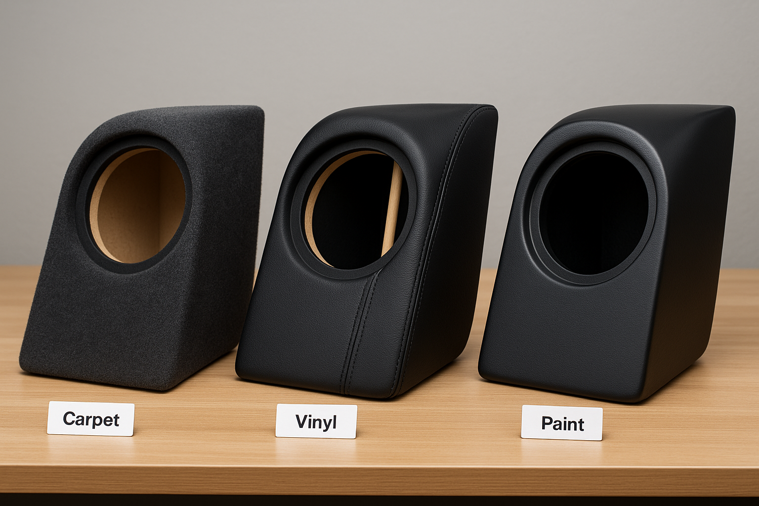 Finished fiberglass enclosures showing carpet, vinyl, and paint finish options